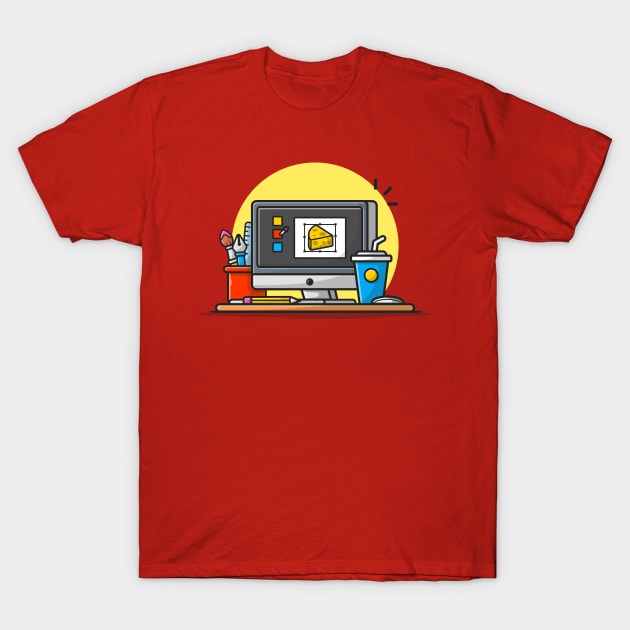 Computer Graphic Designer With Coffee And Stationary Cartoon Vector Icon Illustration T-Shirt by Catalyst Labs
